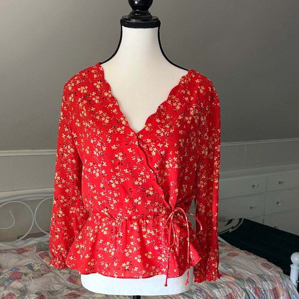 Nine Britton Red Floral Wrap Blouse